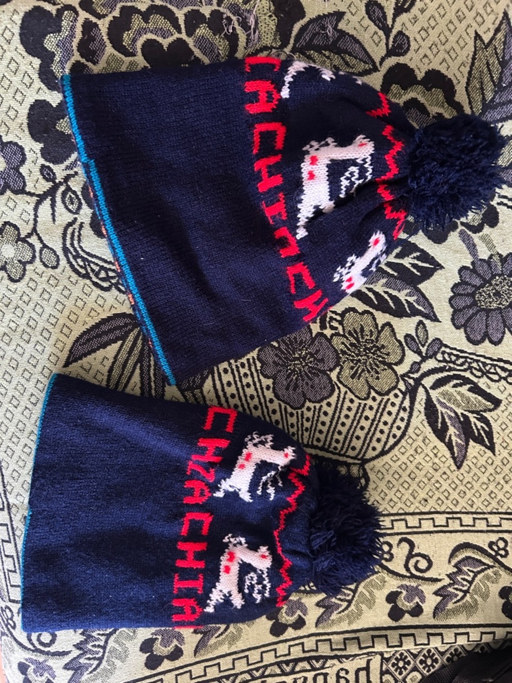 Navy Pom-Pom Knit Beanie Set with White Reindeer and Red Accents
